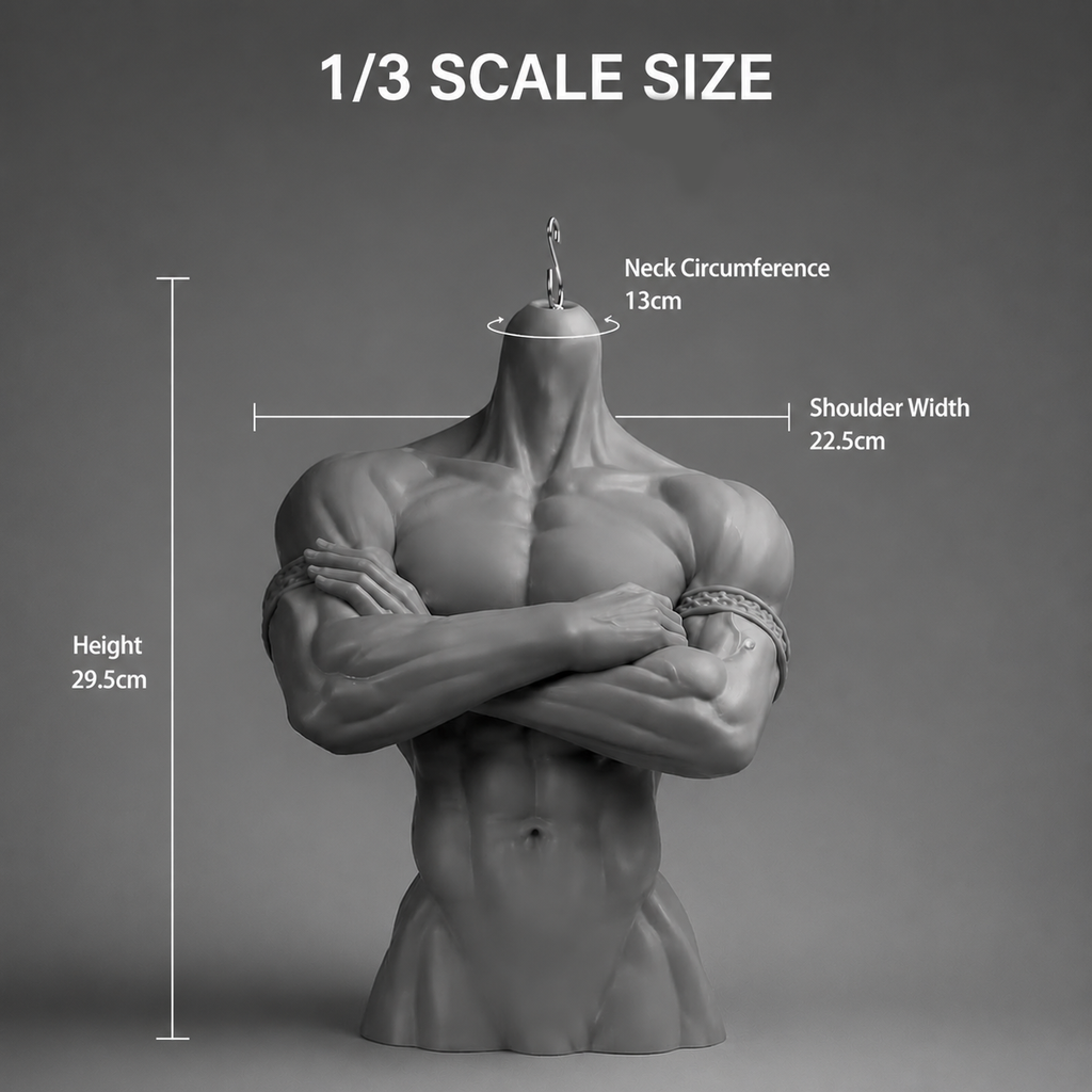 1/3 75cm Uncle BJD resin bust stand with size details including neck circumference, shoulder width and height, head not included
