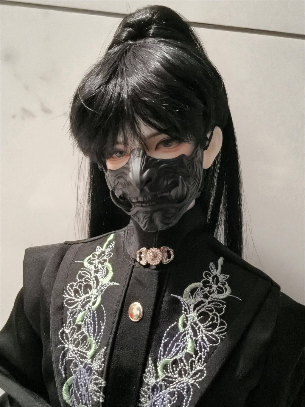 1/3 BJD doll wearing black half face mask accessory with fantasy styling