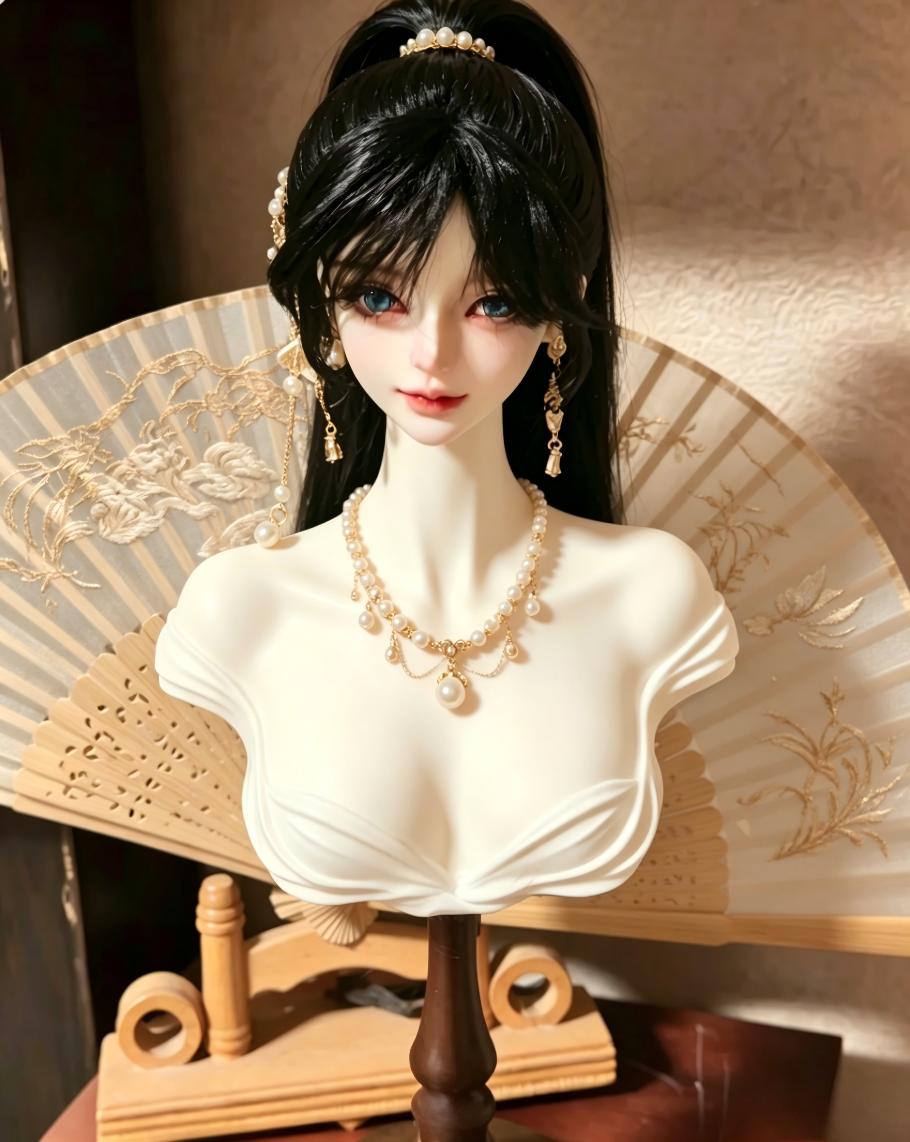 1/3 BJD bust display stand with doll head and wig styling