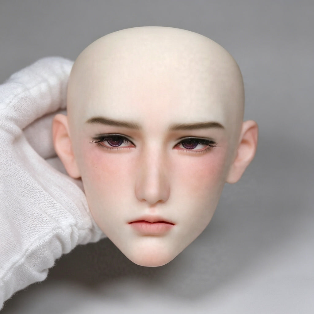 1/3 male BJD head sculpt front view showing custom face-up example with pouting expression