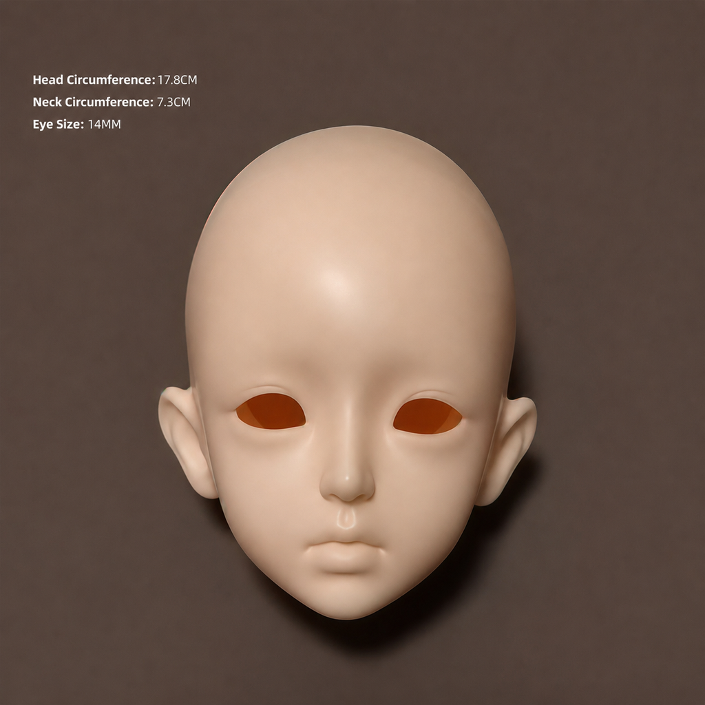 1/4 blank BJD resin doll head size chart showing 17.8cm head circumference, 7.3cm neck size and 14mm eyes