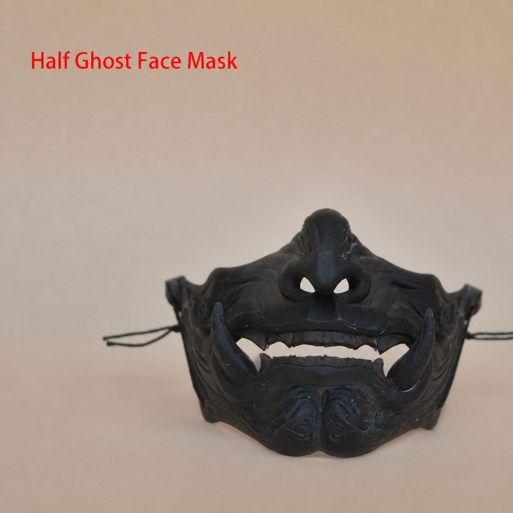 black resin half-face ghost mask worn by a 1/3 scale male BJD doll