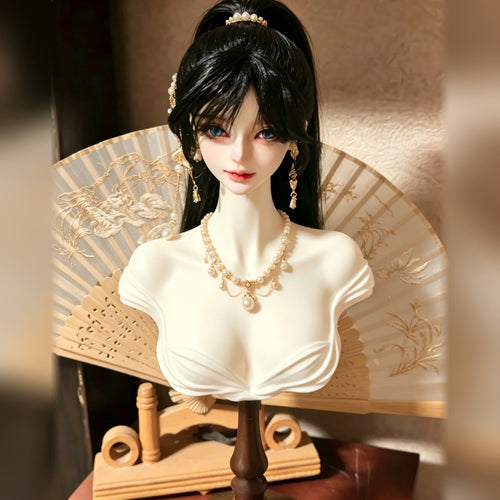 1/3 scale BJD bust stand displaying a doll head with black wig and pearl jewelry
