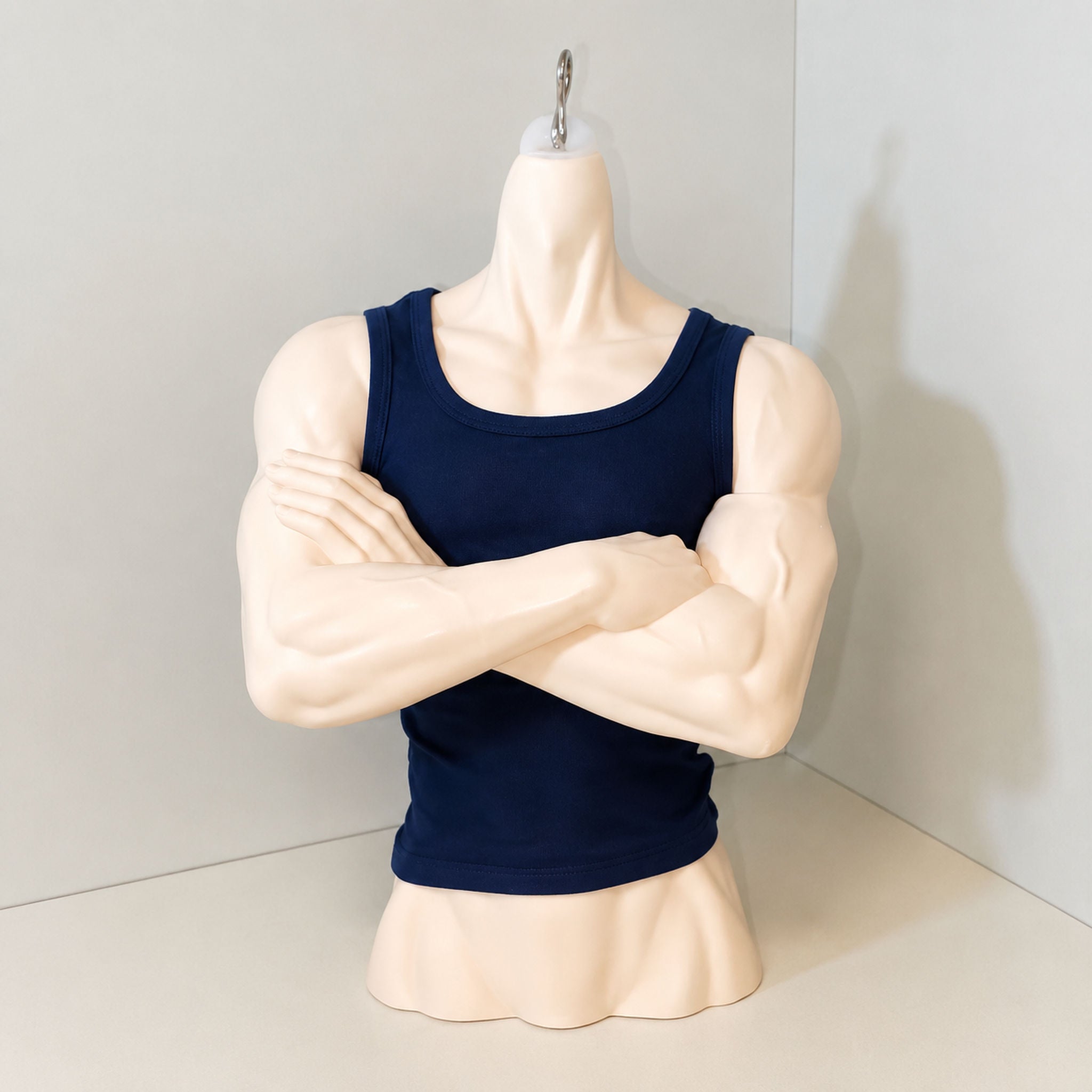 muscular male BJD bust stand wearing a navy tank top for clothing display