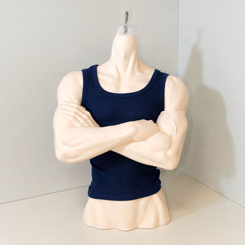 muscular male BJD bust stand wearing a navy tank top for clothing display