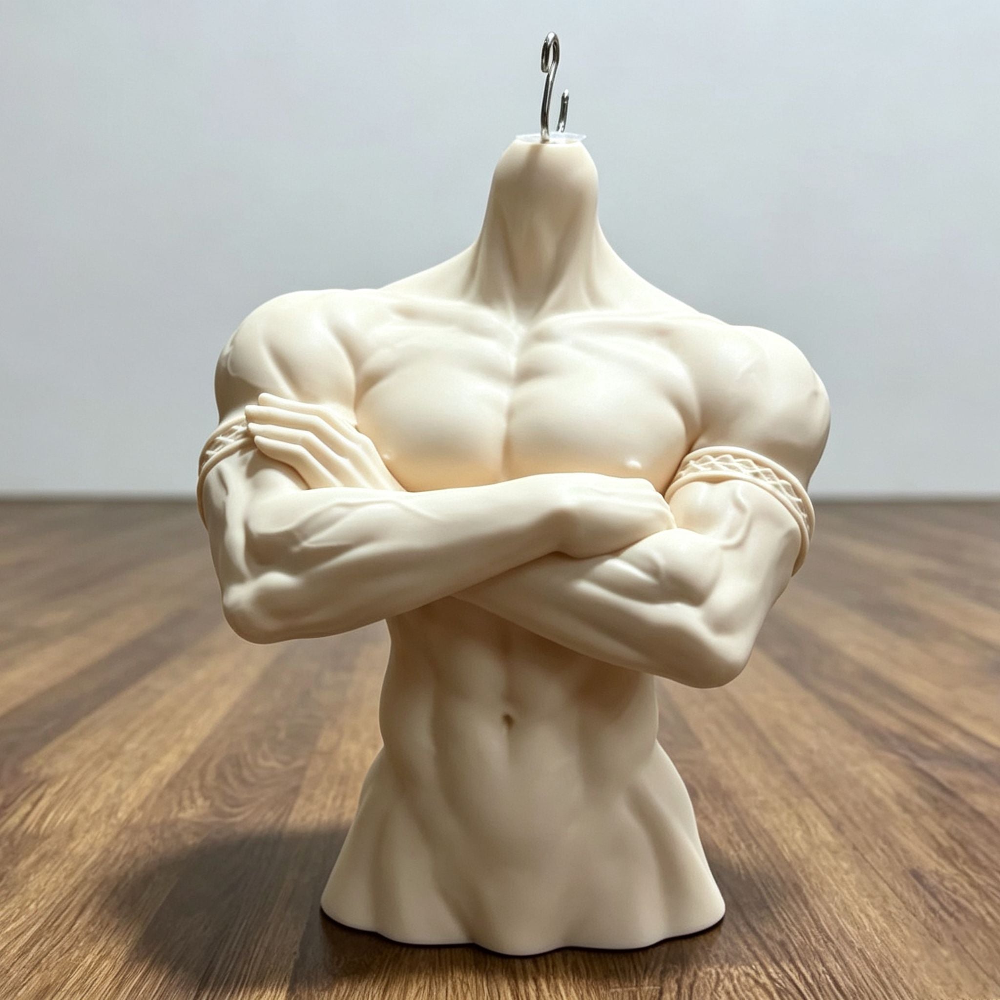 muscular male BJD bust stand with crossed arms and decorative arm bands, front view