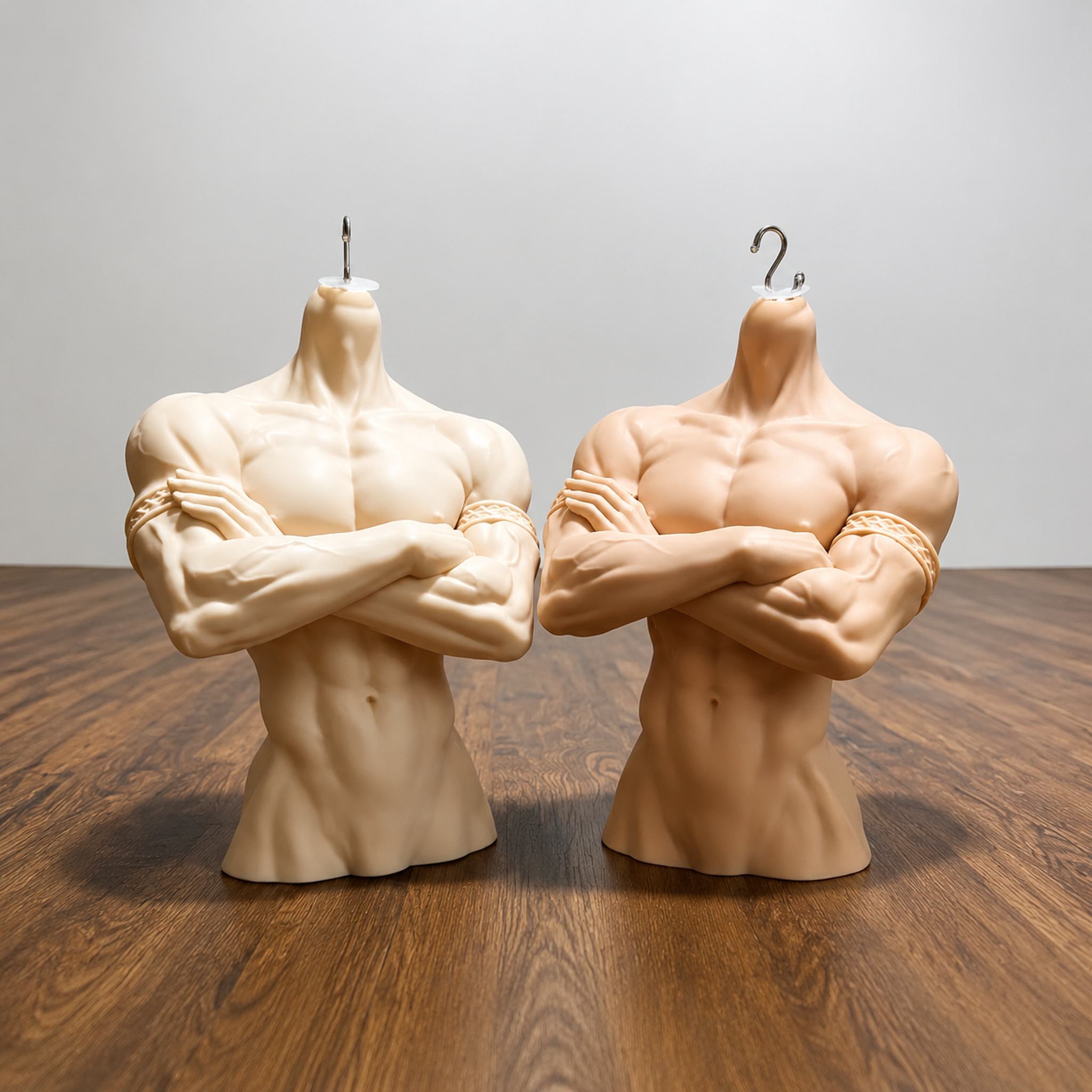 muscular male BJD bust stands in light and tan skin tone options with crossed arms