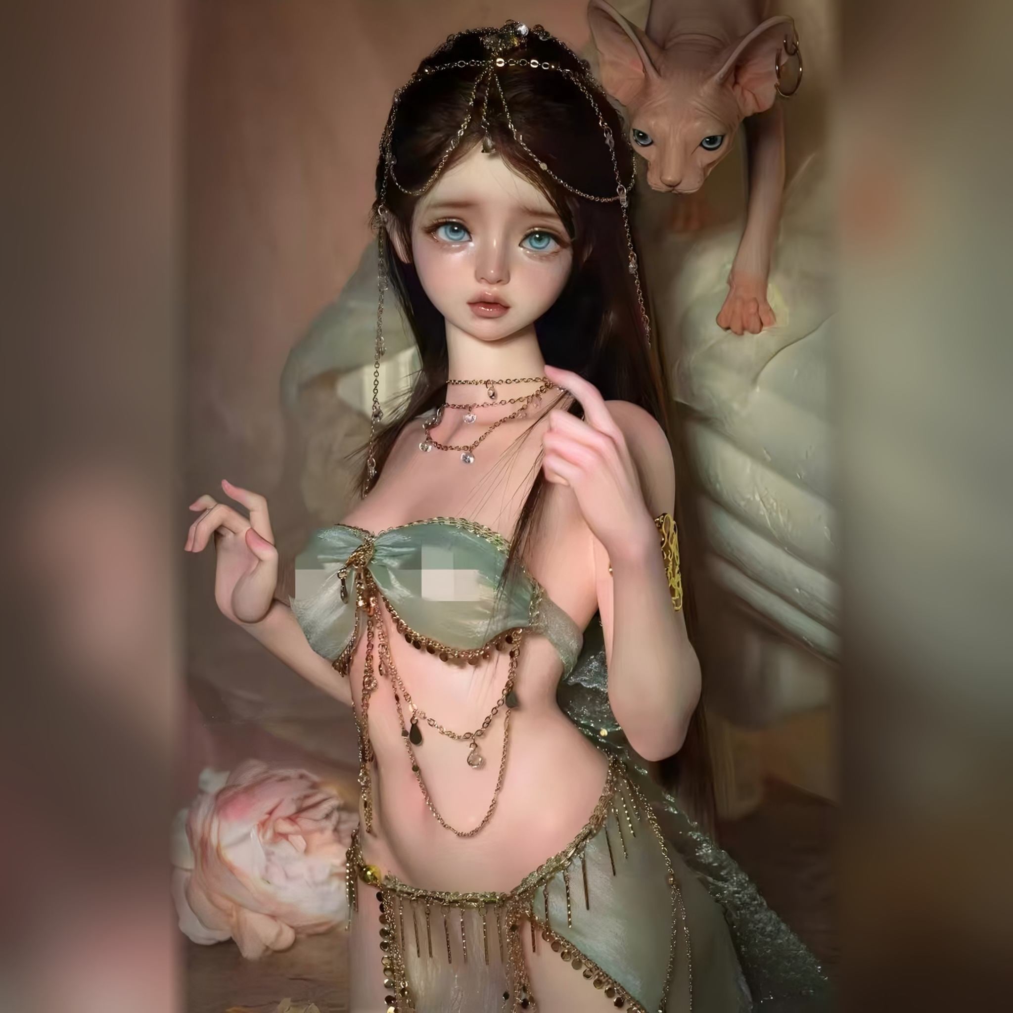 Cora BJD bust styling example with doll head, jewelry and two raised hand poses