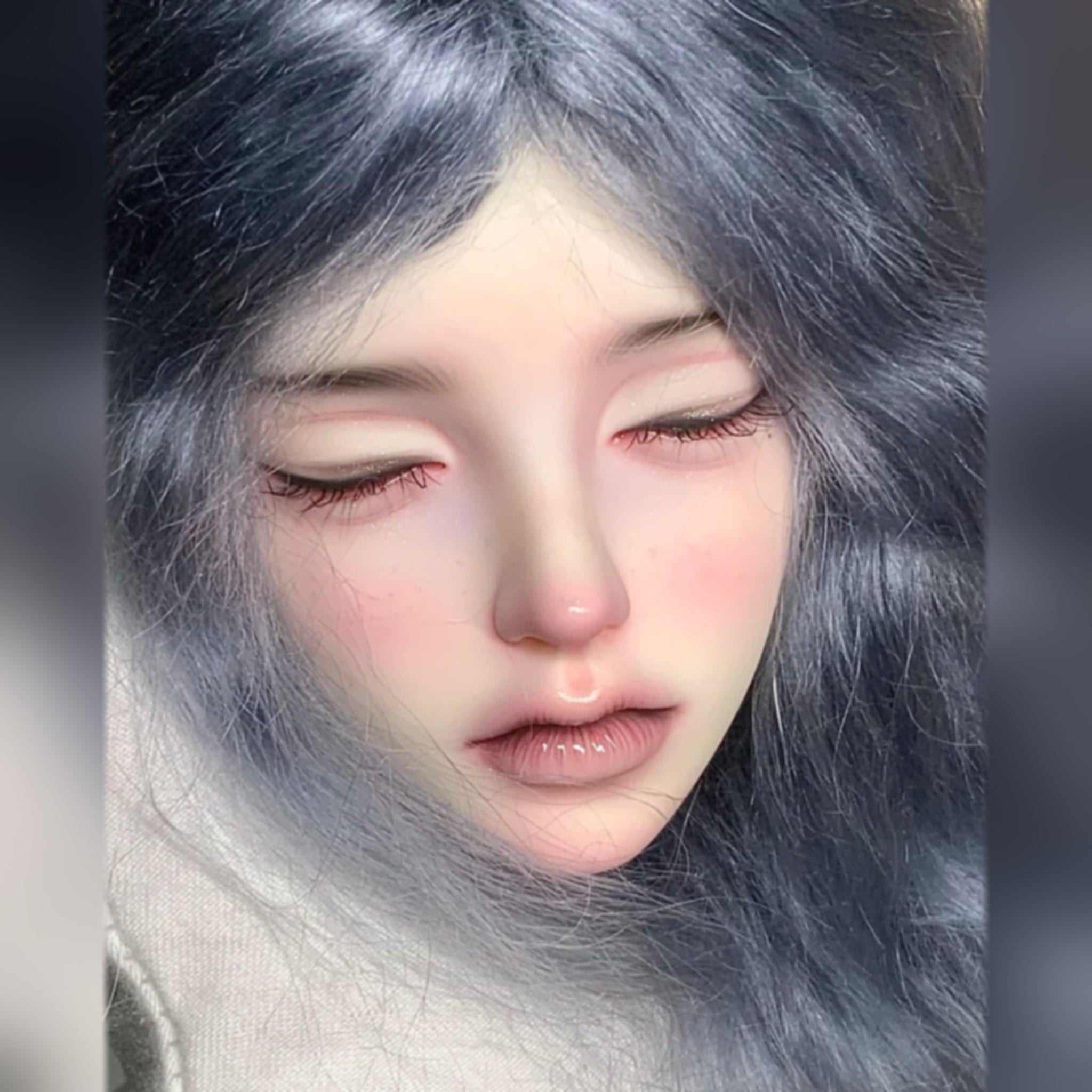 1/3 scale unisex BJD head sculpt with custom face-up, gray blue wig styling and soft fantasy character makeup showcase
