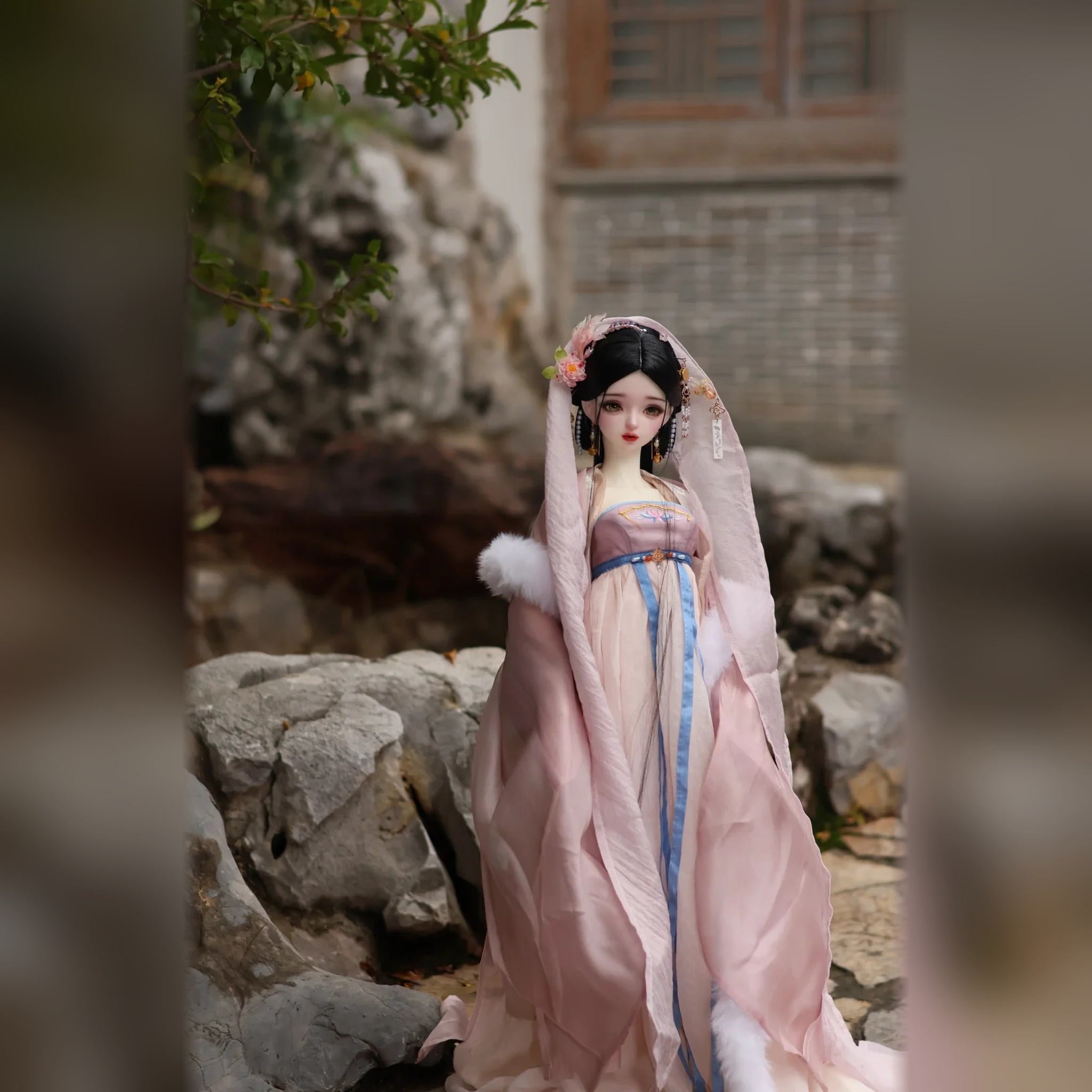 head with Huanxiang Wuyu 60cm female BJD body, styled in a pink traditional Chinese outfit