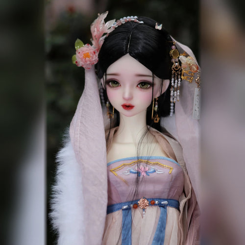 BJD styling example with face-up, green eyes and traditional Chinese hair accessories