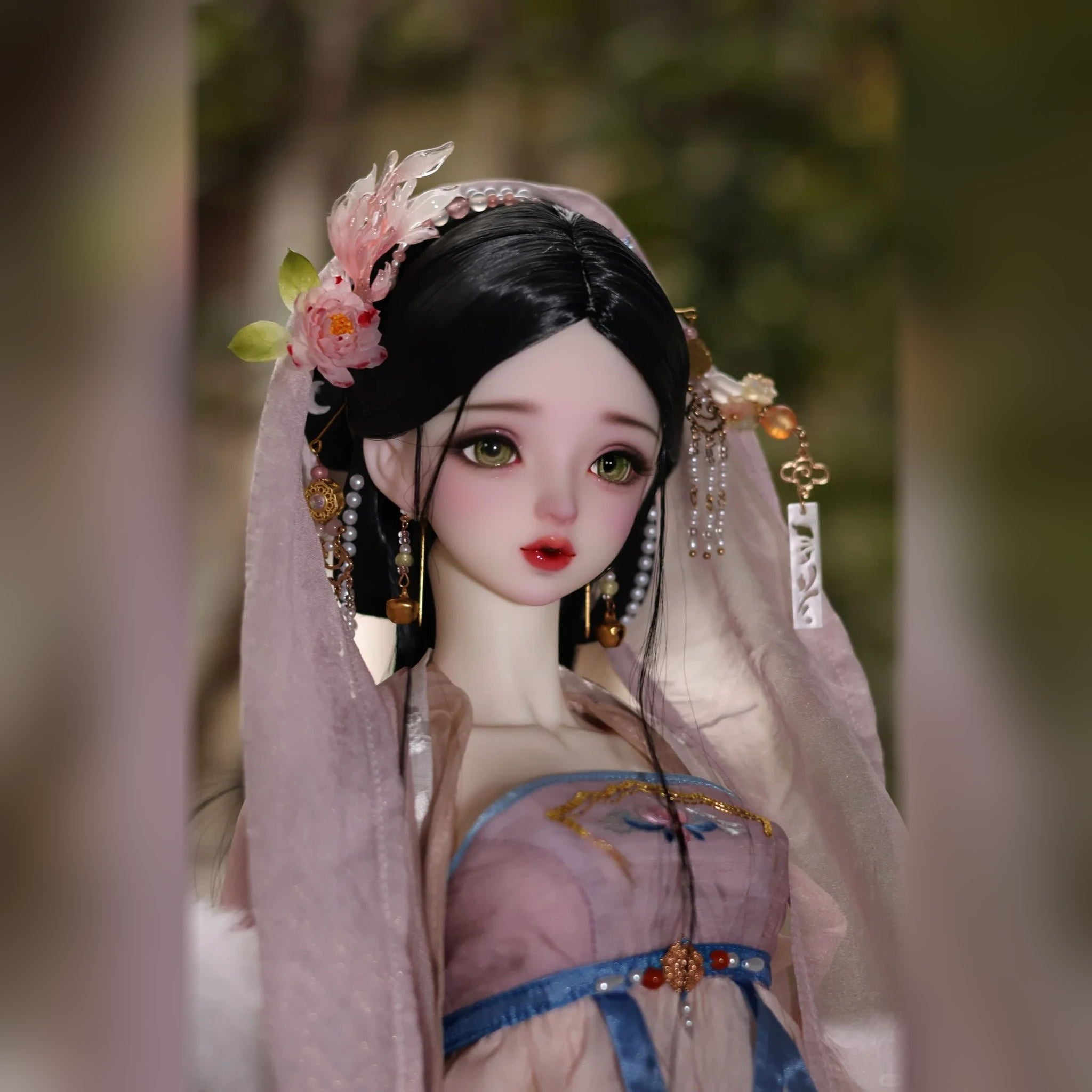 BJD styling example in a pink traditional Chinese costume, front portrait
