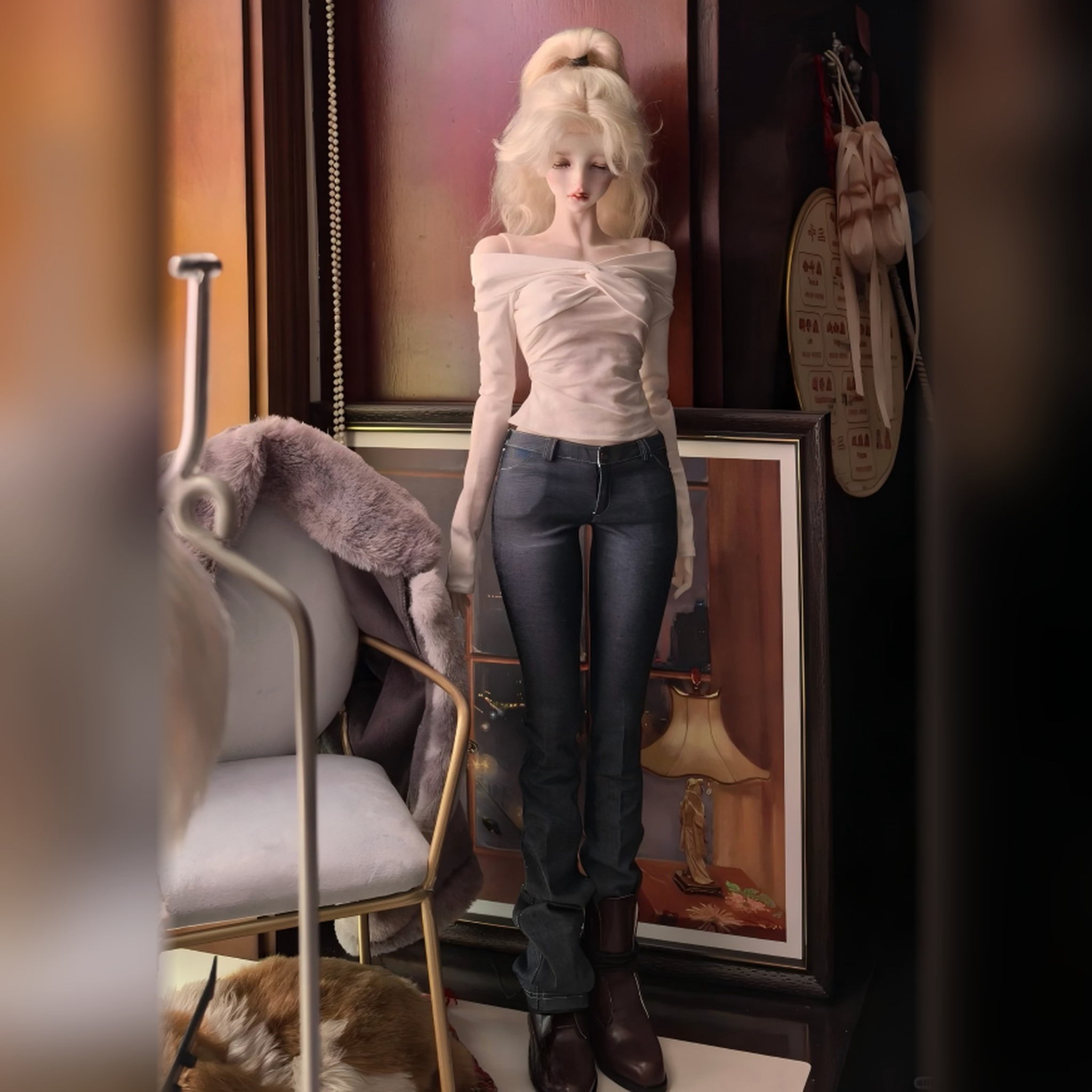 Large BJD doll full body view with realistic styling and clothing