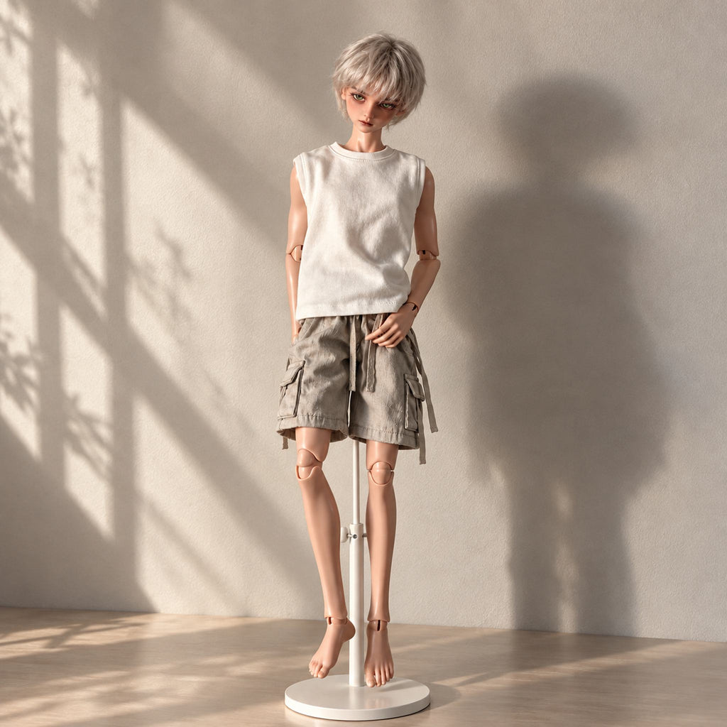 Styled 1/4 scale male BJD with face-up, silver wig and casual cargo outfit