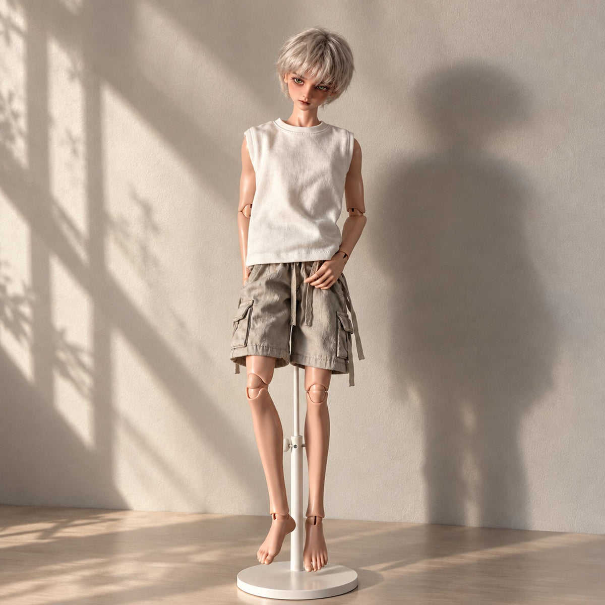 Styled 1/4 scale male BJD with face-up, silver wig and casual cargo outfit