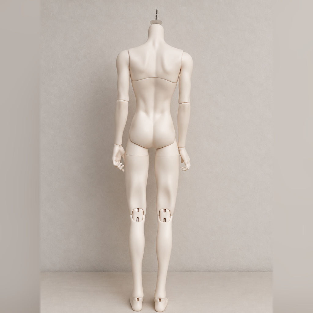 Back view of a male BJD body showing sculpted contours and articulated knee joints
