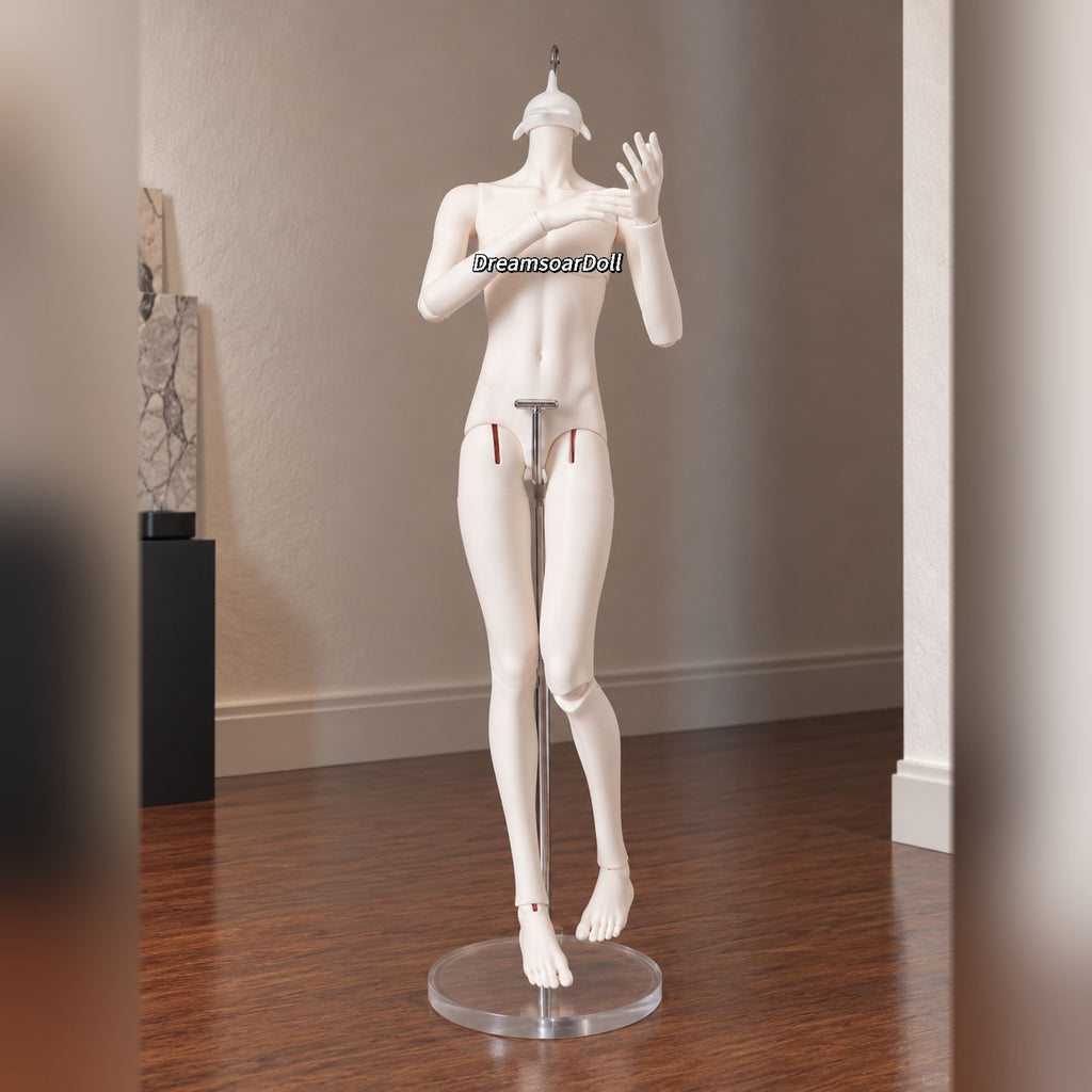 Poseable male BJD body displaying flexible wrists, elbows, hips and knees