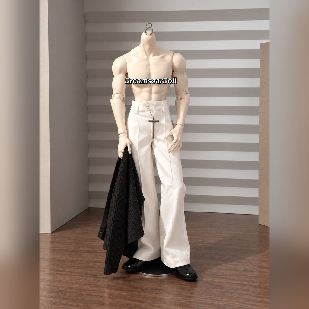 Full-length male BJD body with defined torso styled in white trousers