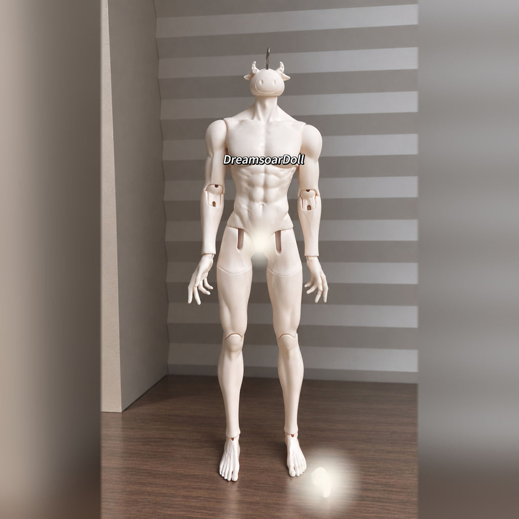 Front view of a 50cm male resin BJD body with muscular proportions and articulated joints