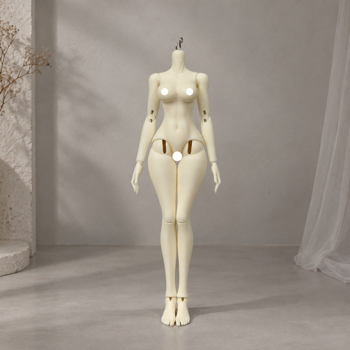 Female BJD body front view showing full body proportions and articulated joints