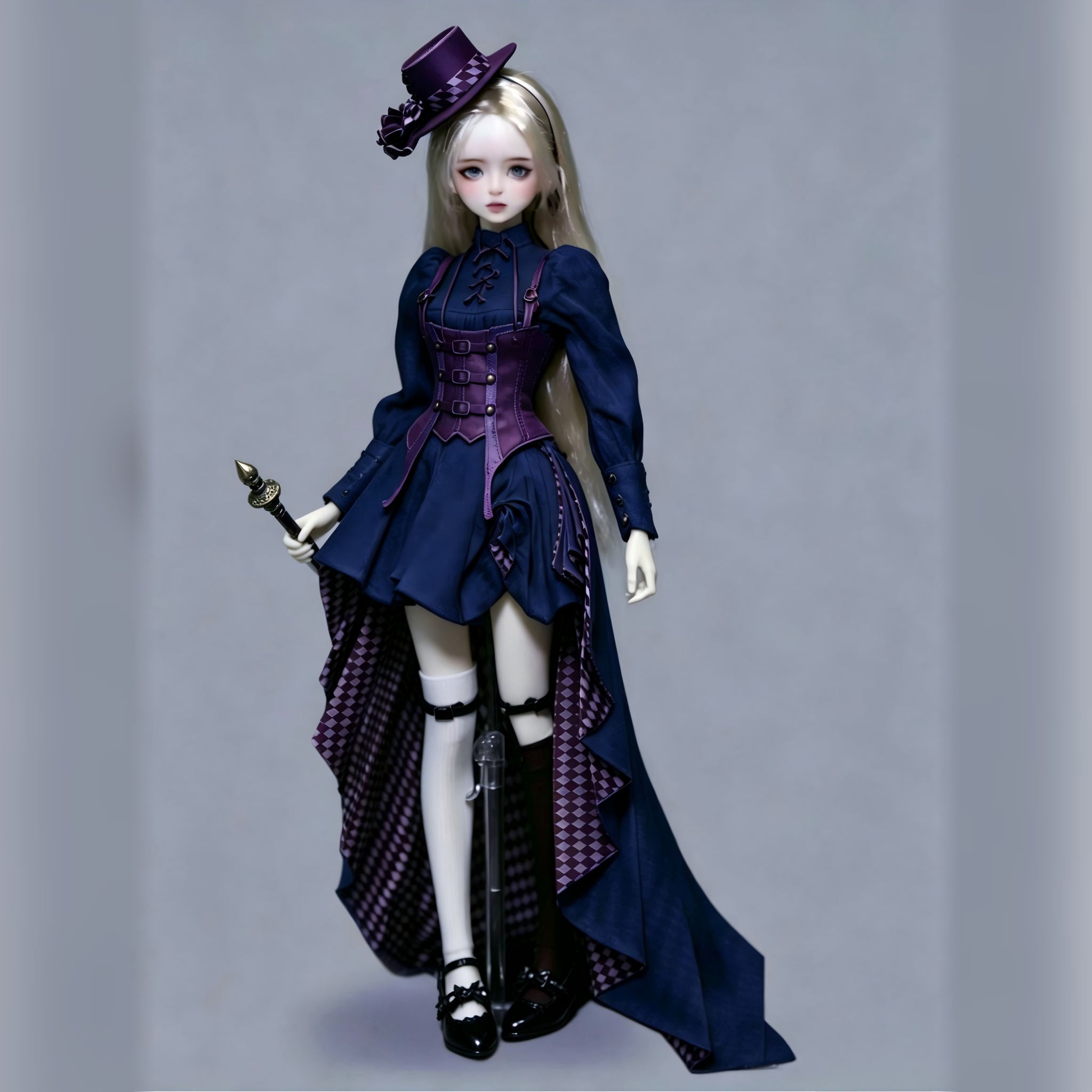 1/4 scale female BJD body displayed with doll head and navy outfit, front full-length view