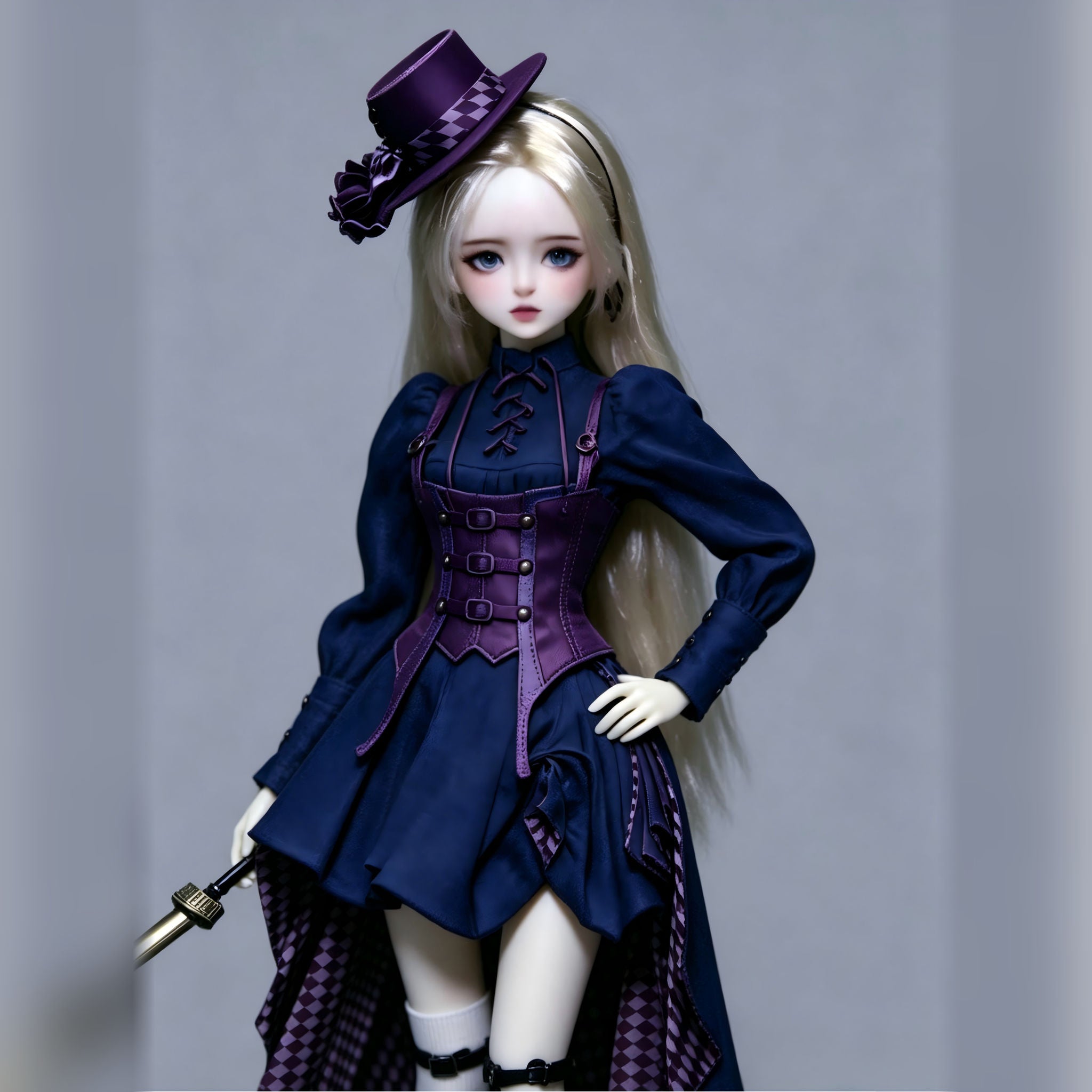 1/4 scale female BJD body modeling example with doll head and navy outfit, front close-up view