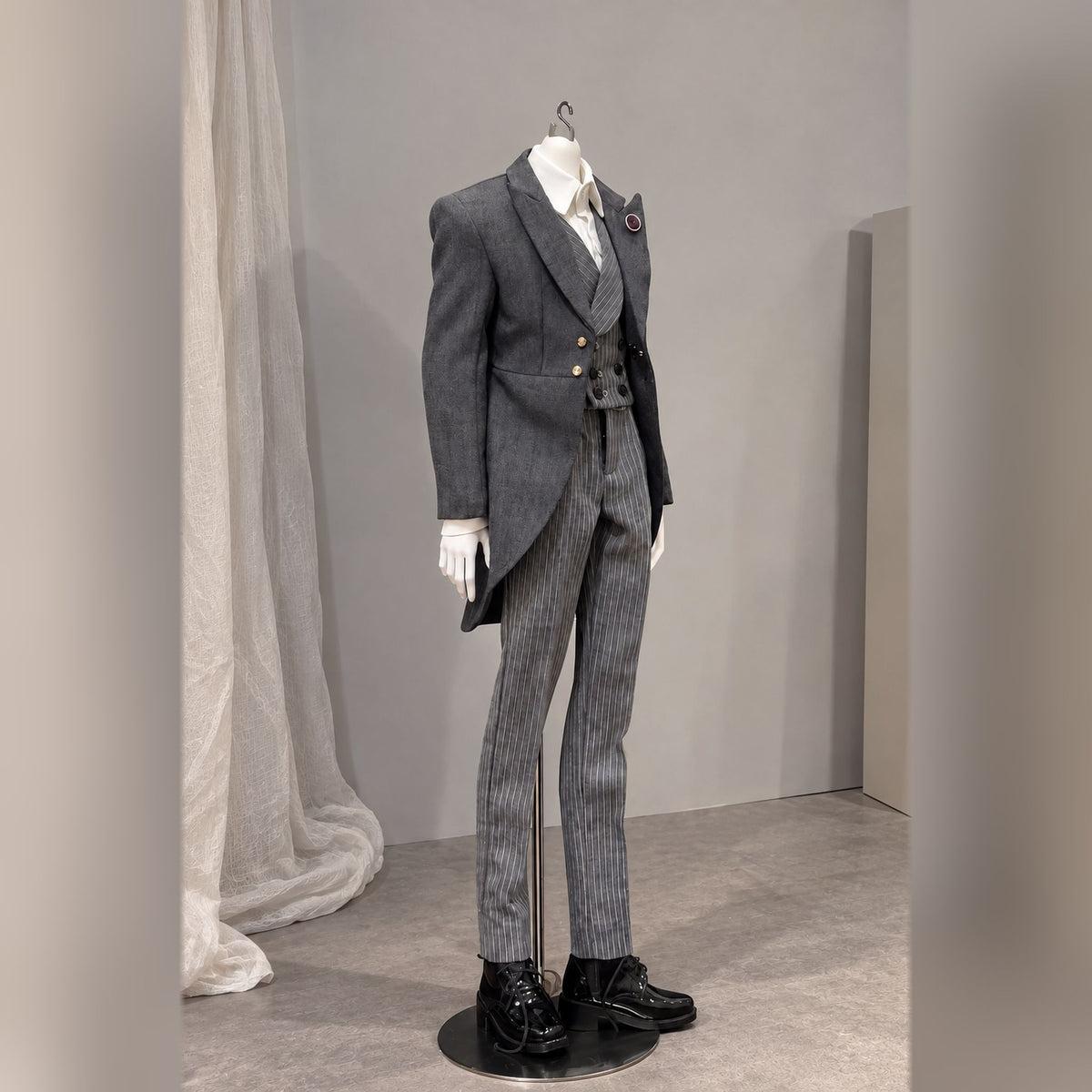 Styled 1/4 scale male BJD body wearing a tailored gray suit and dress shoes