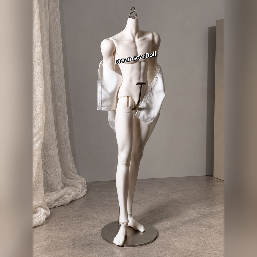Muscular male resin BJD body with broad shoulders, defined torso and long legs