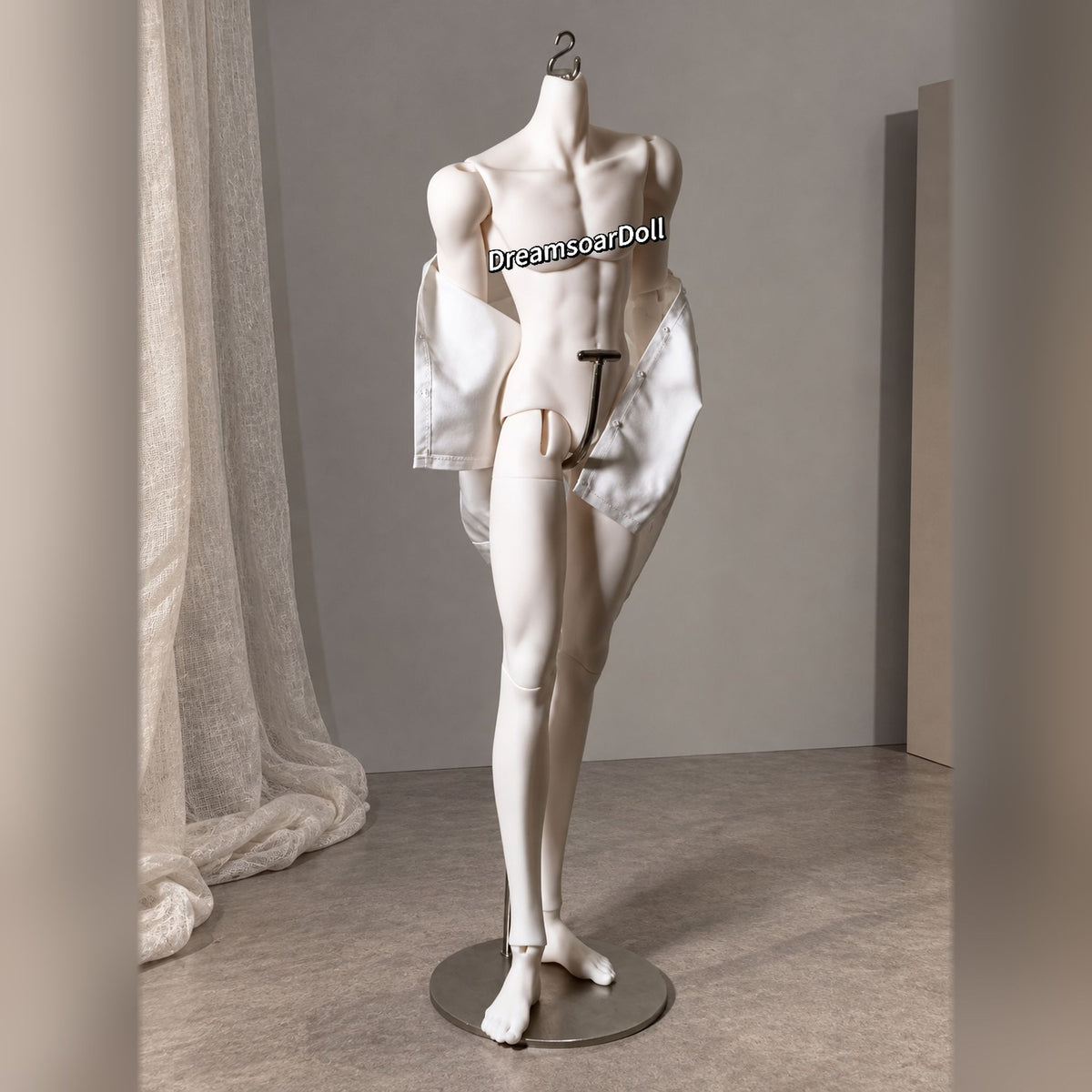 Muscular male resin BJD body with broad shoulders, defined torso and long legs