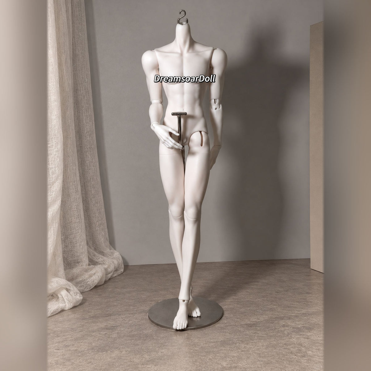 Front view of a 47cm male BJD body posing with crossed legs and articulated arms