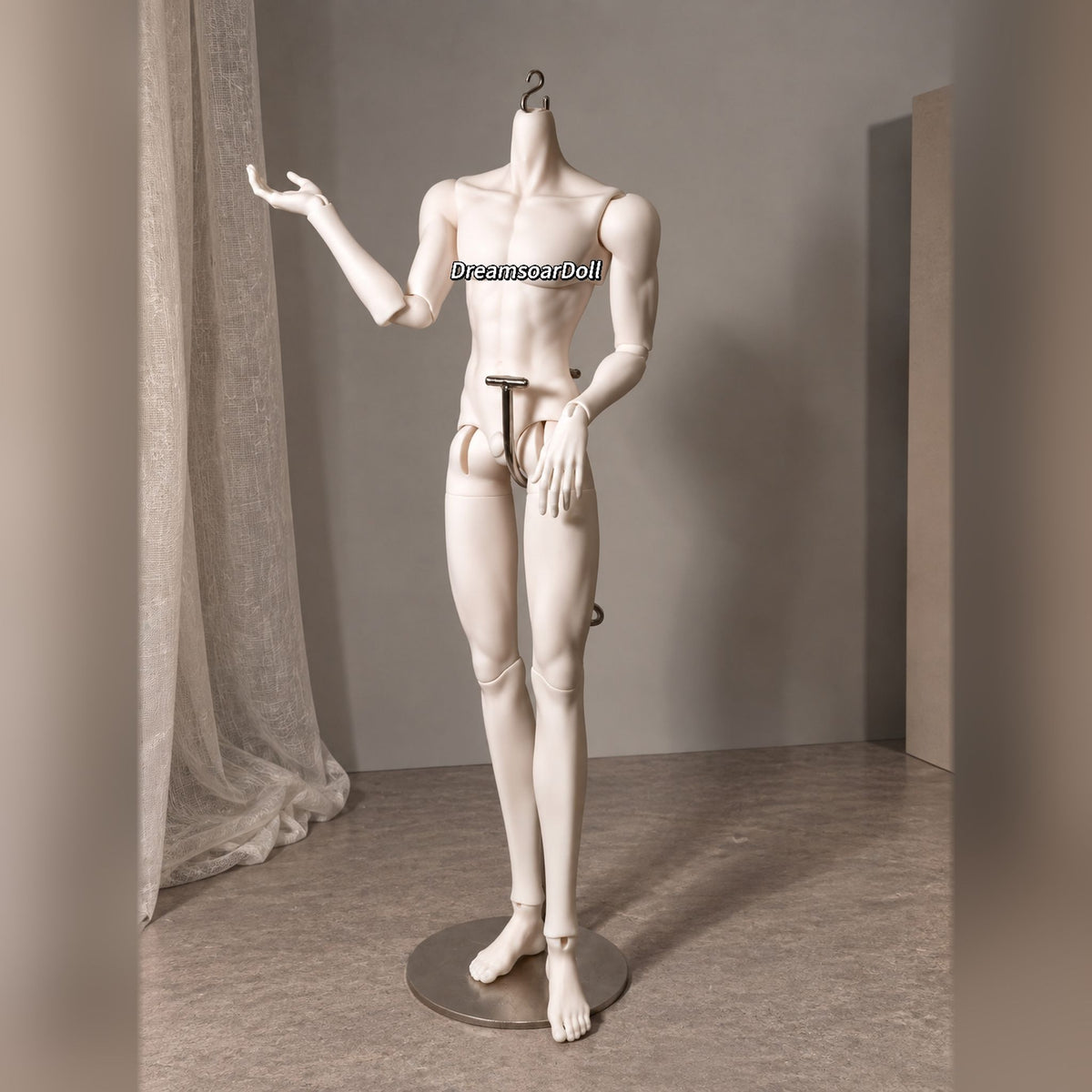 Poseable male BJD body displaying flexible elbow, wrist and hip joints