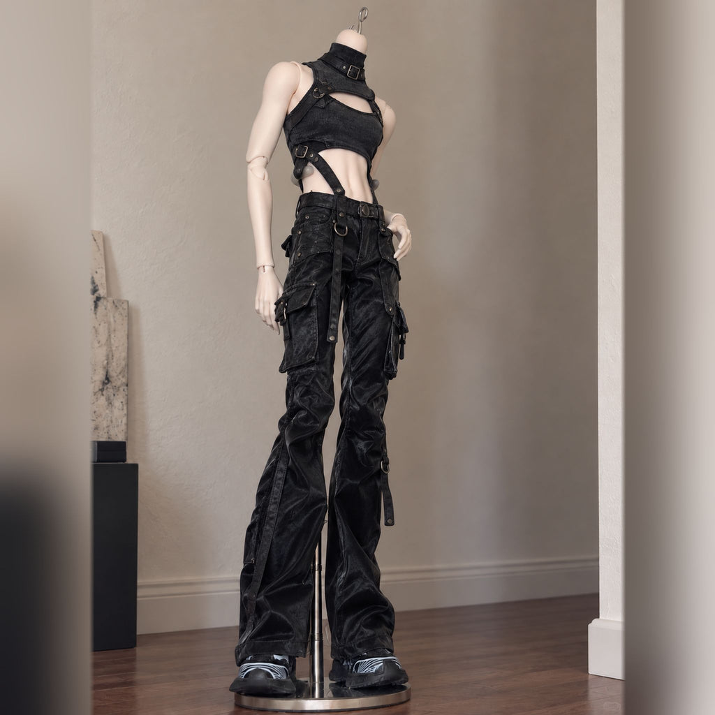 Styled 1/4 scale male BJD body wearing black harness top and cargo pants