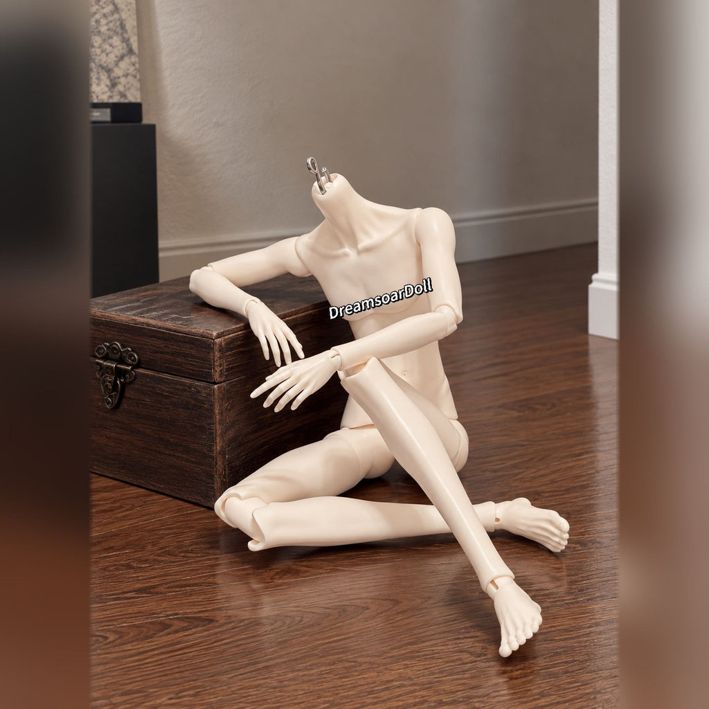 Male resin BJD body in a relaxed floor pose showing full joint flexibility