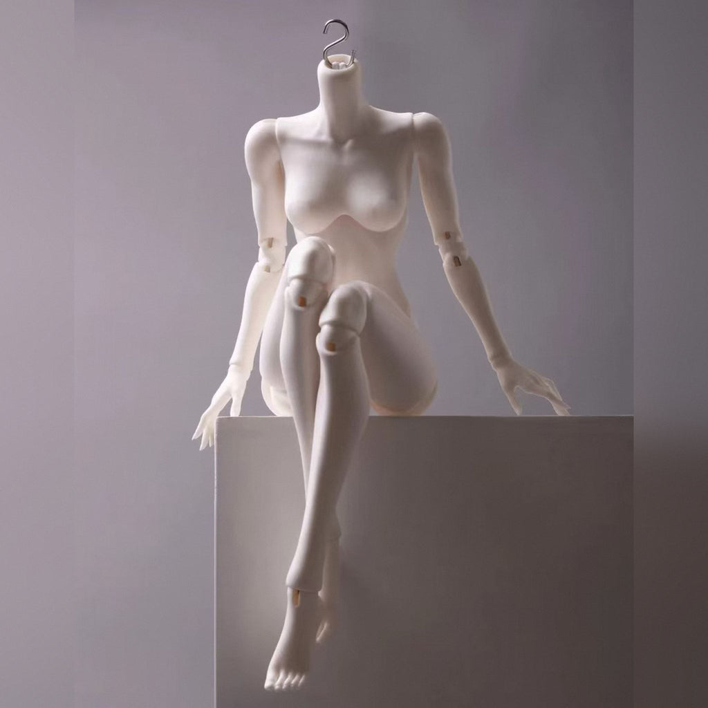 43cm 1/4 scale female blank BJD body seated pose showing articulated joints and poseability