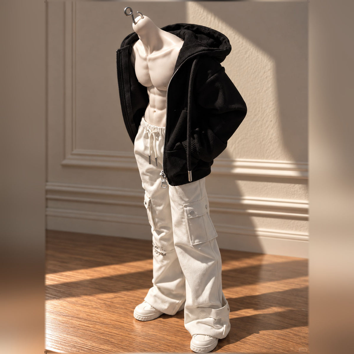 Muscular male BJD body styled with a black hoodie and white cargo trousers