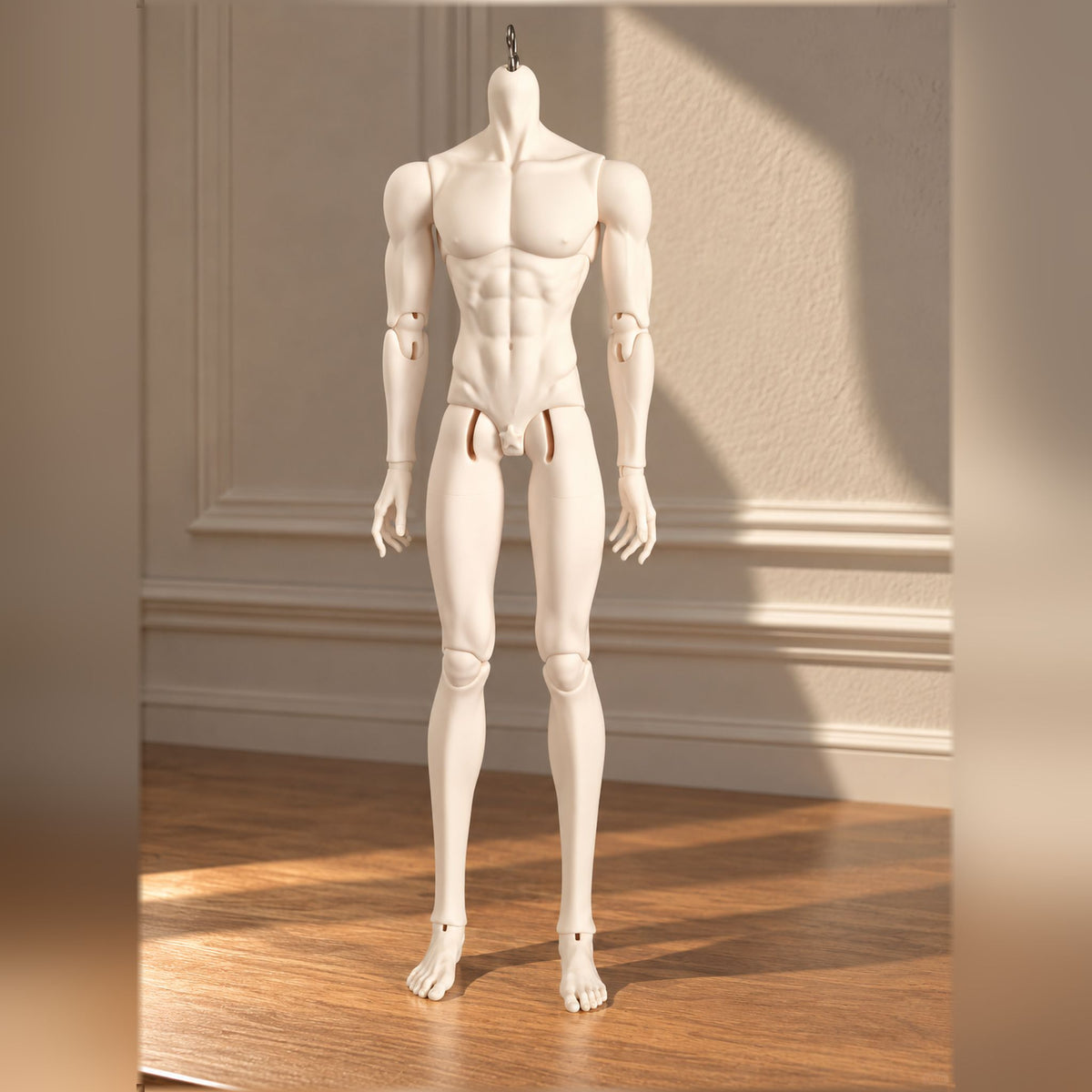 Front view of a 47cm male resin BJD body with muscular proportions and articulated joints