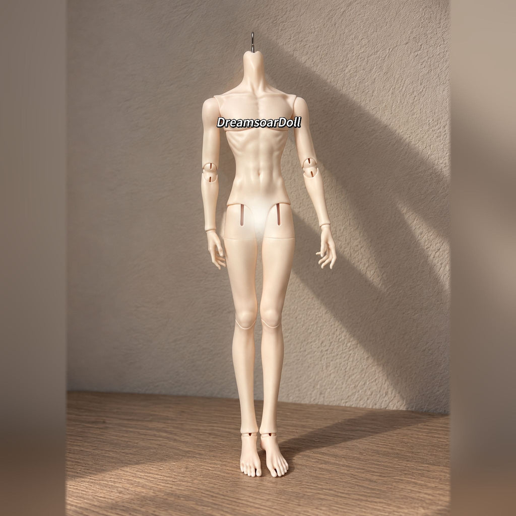 Front view of a 44cm male BJD body with long legs and poseable joints
