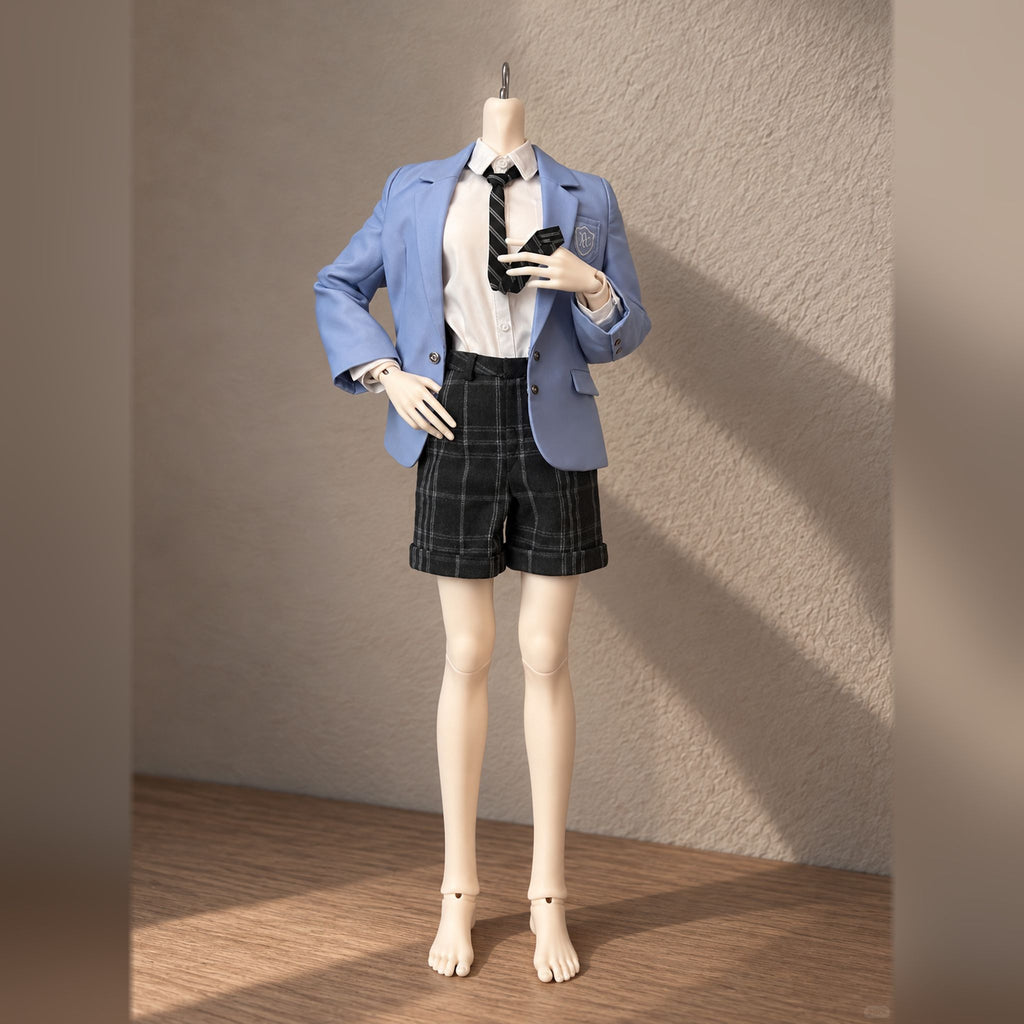 Full view of a 1/4 scale male BJD body styled in a blue school uniform