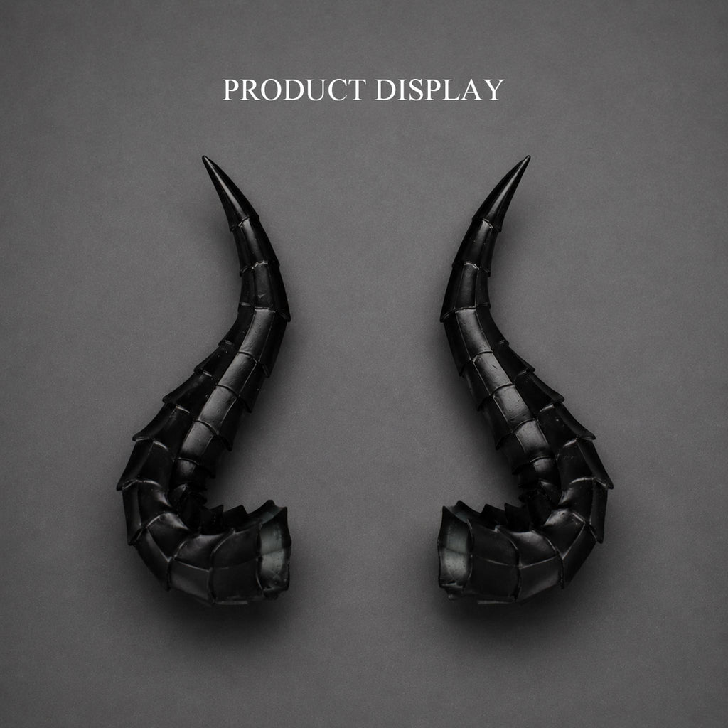 BJD doll dragon horns accessory set, pair of black curved dragon horns with detailed sculpting
