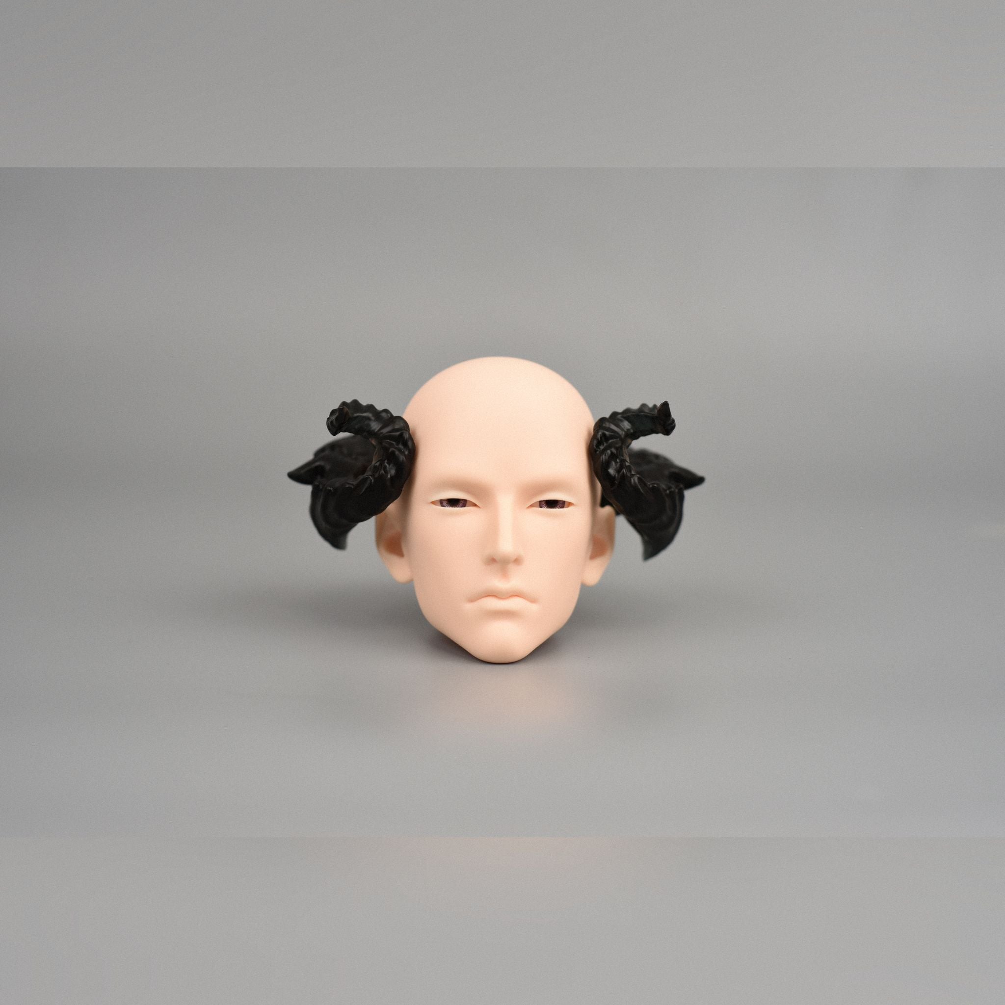 BJD doll demon horns accessory installed on doll head, black fantasy horns styling effect showcase