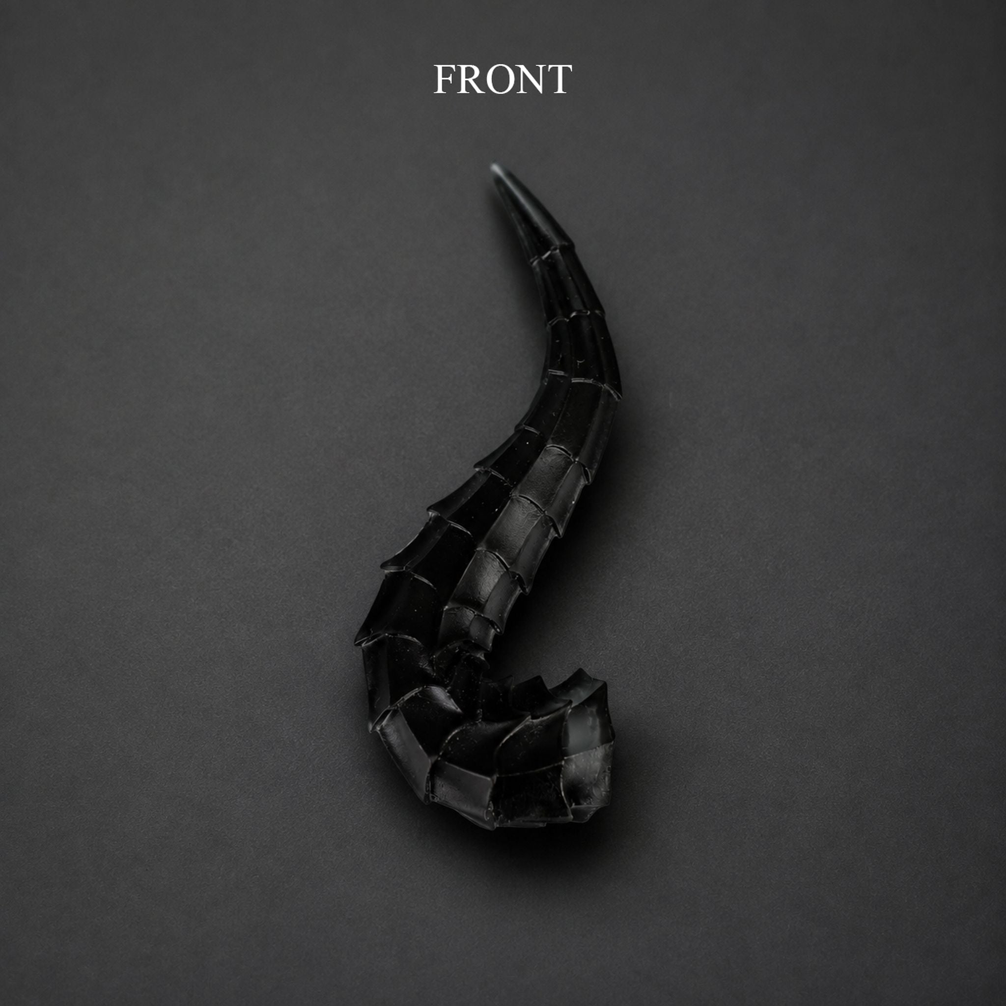 BJD doll dragon horns accessory front view, pair of black fantasy dragon horns display