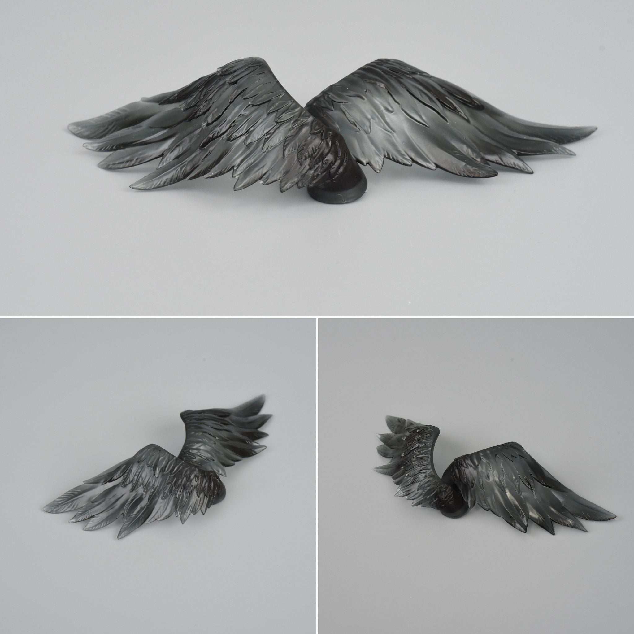 Black feather wings for BJD dolls shown from multiple angles with realistic layered feather details