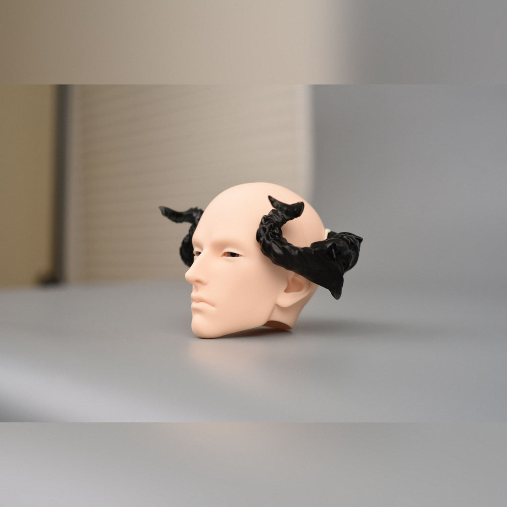 BJD doll demon horns accessory side view, black horn headpiece attached to resin doll head