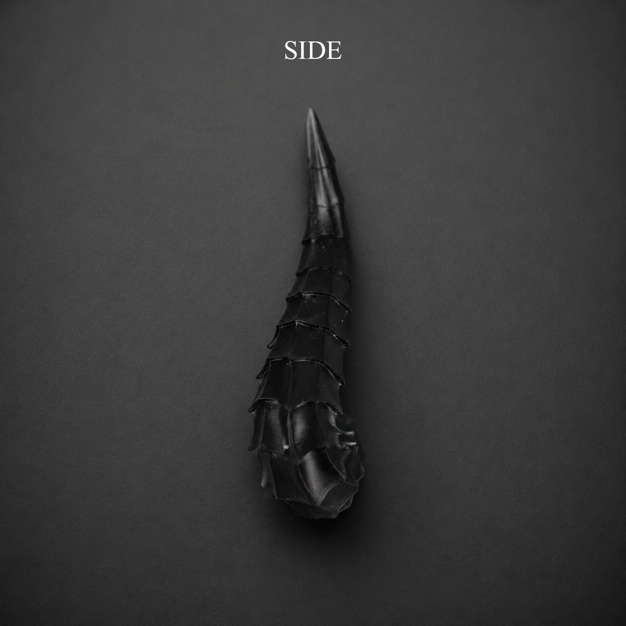 BJD doll dragon horns accessory side view, black dragon horn with layered sculpted details