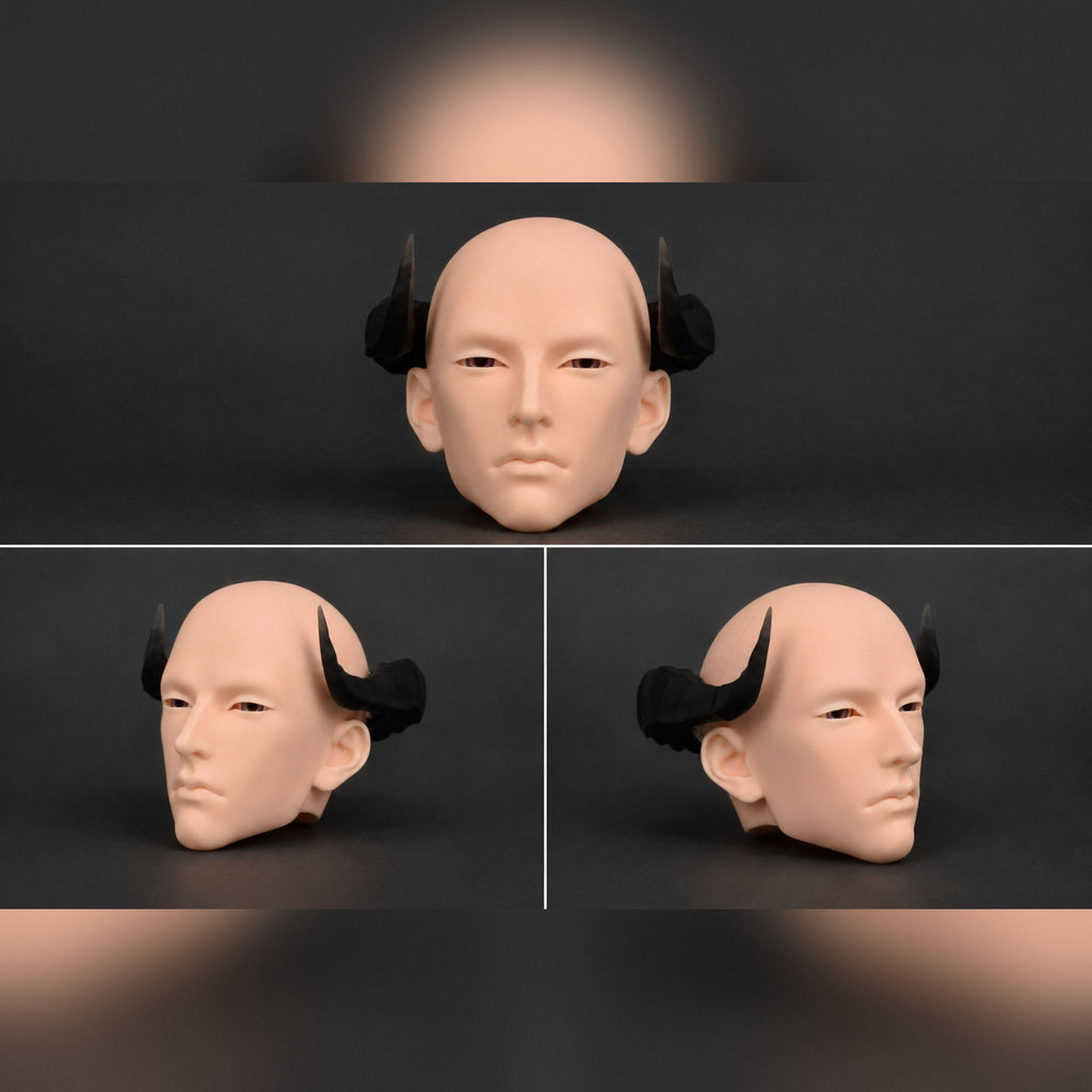 BJD doll devil horns accessory, black curved horn headpiece installed on resin doll head