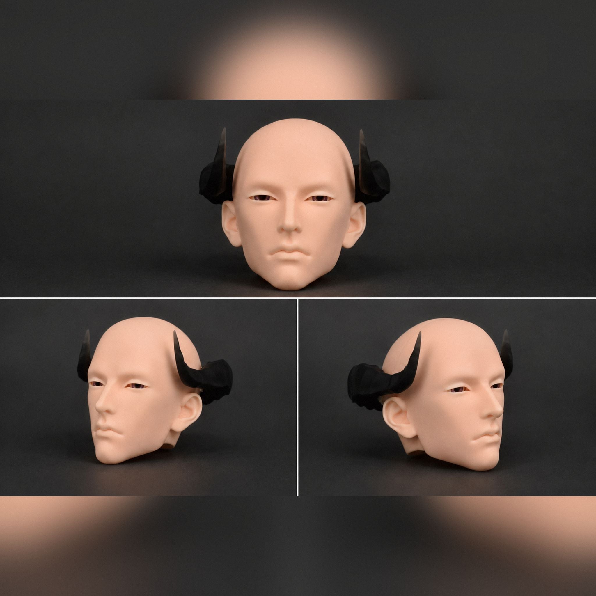 BJD doll devil horns accessory, black curved horn headpiece installed on resin doll head