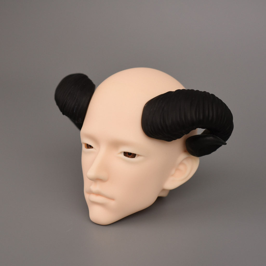 BJD doll ram horns accessory on resin doll head, black fantasy horn headpiece side display