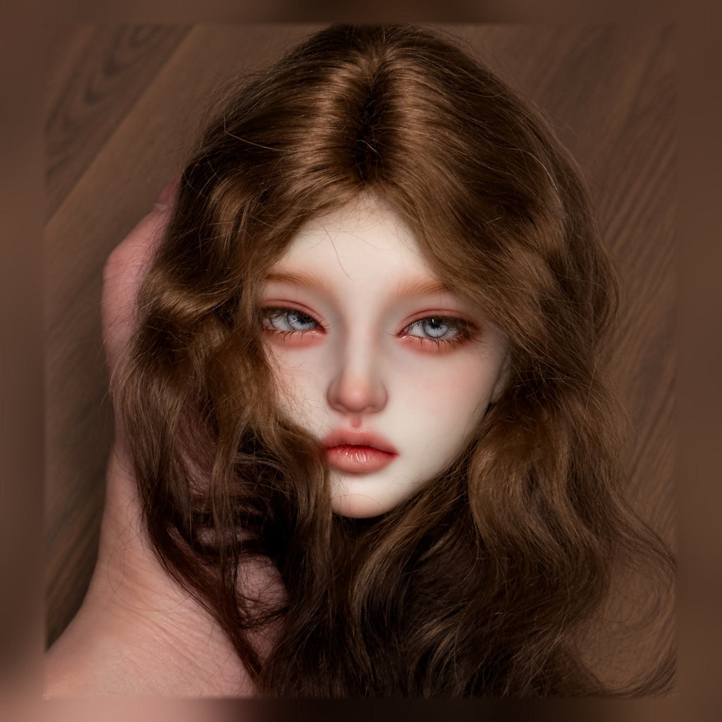 1/3 Scale BJD Girl Head Sculpt Custom Face-up with Long Brown Wavy Wig Front View