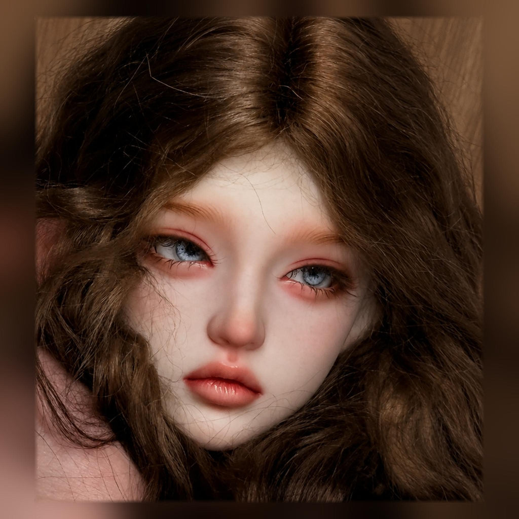 1/3 Scale BJD Girl Head Sculpt Custom Face-up Portrait with Long Brown Wavy Wig