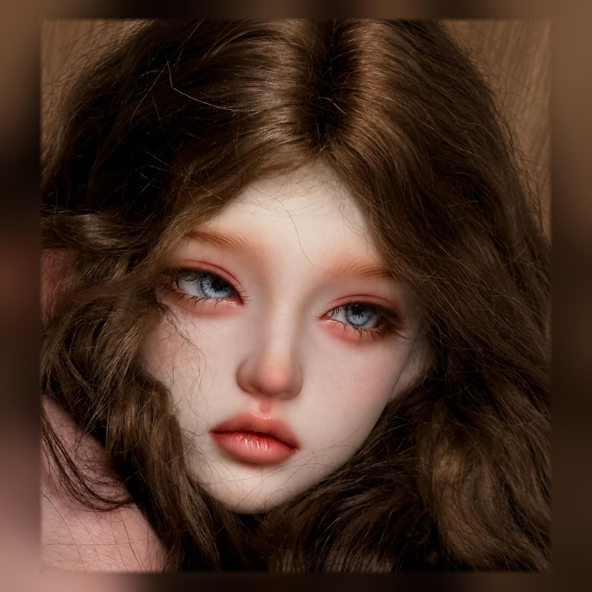 1/3 Scale BJD Girl Head Sculpt Custom Face-up Portrait with Long Brown Wavy Wig